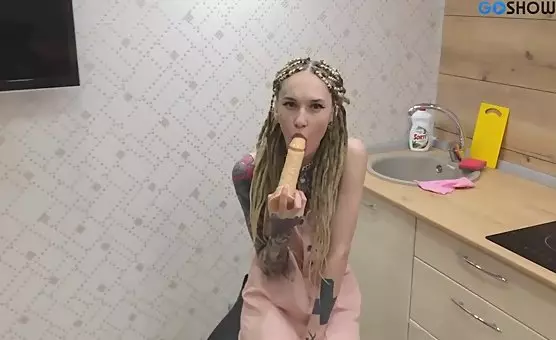 Riding a Dildo on the Kitchen Counter, Part 2 Tattoos and Socks