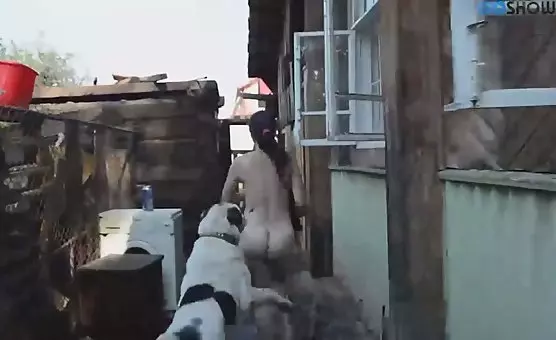 Outdoor Hairy Cunt Fucking with Veggie Dildo